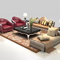 Classic Beige Sofa Coffee Table Combination With Red Leather Armchairs Patterned Rug And Table Lamps 3d model