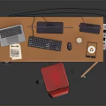 Wooden Office Desk With Ergonomic Chair Three Monitors Drawer And Storage