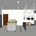Commercial Restaurant Kitchen With Stainless Steel Countertops Hanging Utensils Fresh Produce Ceiling Lights And Cabinets