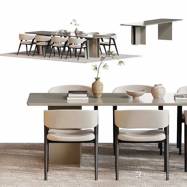 Modern Minimalist Dining Table Set With Beige Chairs Black Metal Legs And Ceramic Vase Bowls 3d model 