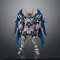 Detailed Blue White Mecha Robot Figure With Yellow Horn Red Eyes And Blue Wings