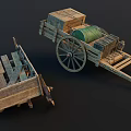 Two Wooden Carts One Empty and One Loaded with Wooden Crates Green Barrel
