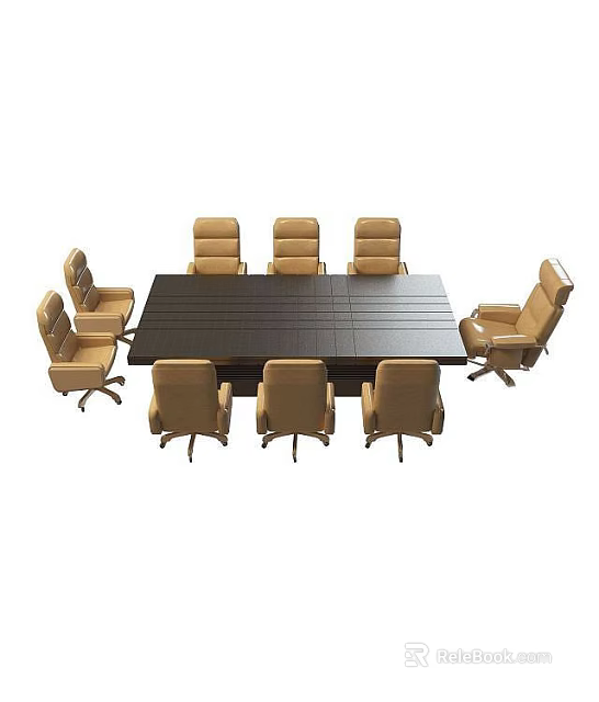 Modern Tech Exhibition Hall Meeting Area with Rectangular Conference Table and Ergonomic Chairs 3d model 