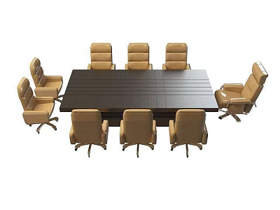 Modern Tech Exhibition Hall Meeting Area with Rectangular Conference Table and Ergonomic Chairs 3d model