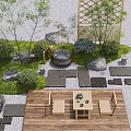 Natural Garden Courtyard With Wooden Deck Table Chairs Stones Green Plants And Bamboo Lattice