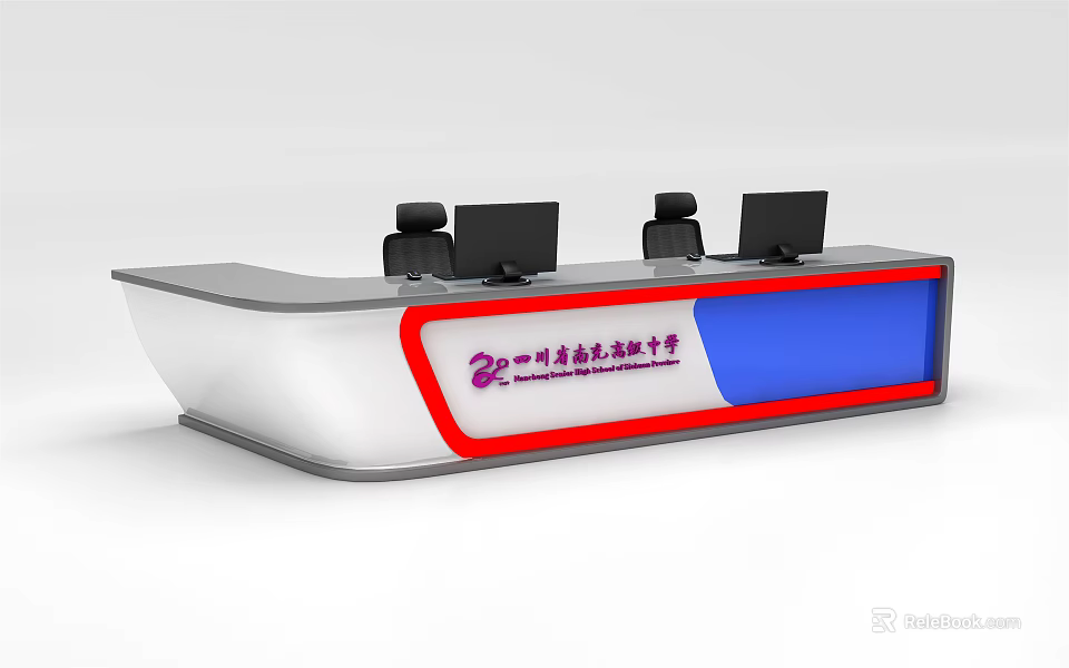 Modern Reception Desk With White Blue Design Red Accent Two Workstations Computer Monitors And Chairs 3d model