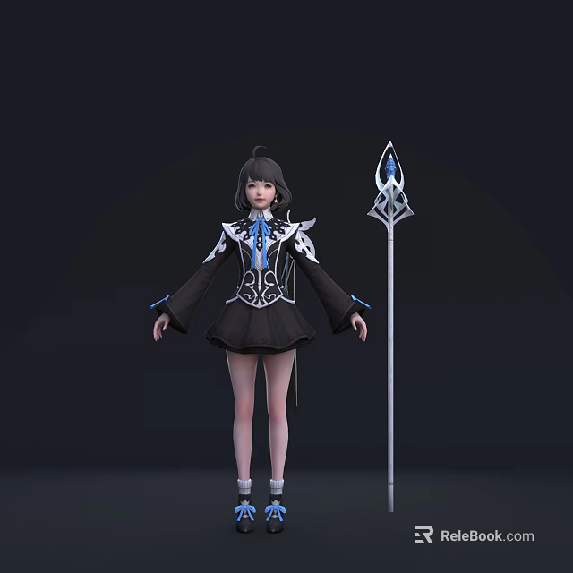 Anime Style Game Movie Character In Black Outfit With White Details And Blue Accent Staff 3d model 