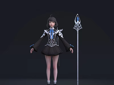 Anime Style Game Movie Character In Black Outfit With White Details And Blue Accent Staff 3d model