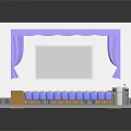 Modern Auditorium Scene With Blue Seats Stage Purple Curtains And White Walls