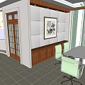 Traditional Office Interior With Wooden Desk Computer Monitor Laptop Green Chairs Calligraphy Decor And Sofa