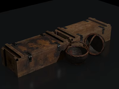 Vintage Wooden Crates With Metal Clasps And Rustic Wicker Baskets On Dark Background 3d model