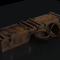 Vintage Wooden Crates With Metal Clasps And Rustic Wicker Baskets On Dark Background