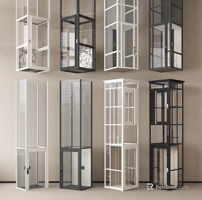 Various Modern Elevator Designs With Glass Panels Metal Frames And Blind Details 3d model 