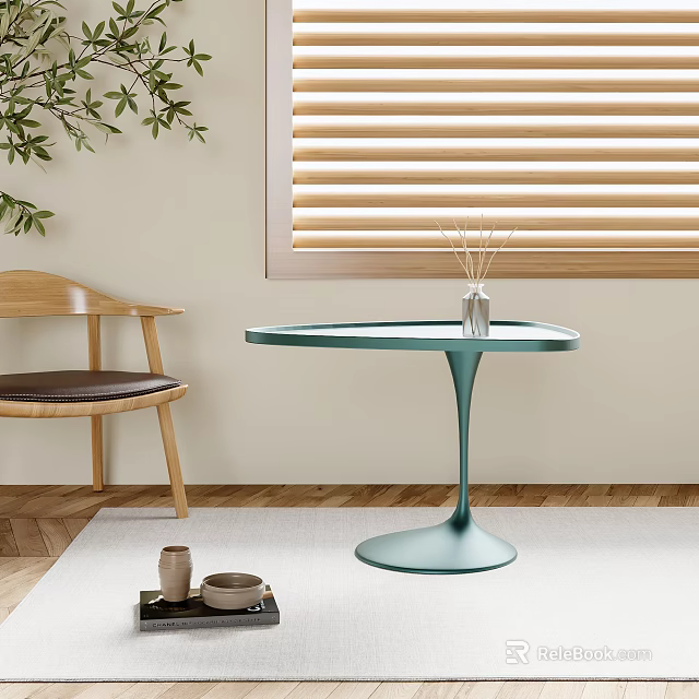Modern Teal Round Side Table with Tapered Base Wooden Chair Blinds Plant Diffuser on Rug 3d model 