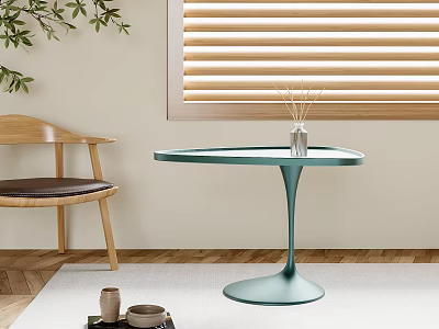 Modern Teal Round Side Table with Tapered Base Wooden Chair Blinds Plant Diffuser on Rug 3d model
