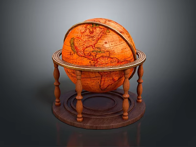 Decorative Globe Ornament Set With Wooden Stand Base And Vintage Map Design For Home Decor 3d model