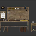 Wooden Workbench With Tools Stool And Cabinet Featuring Wall Mounted Tool Rack And Bulletin Board