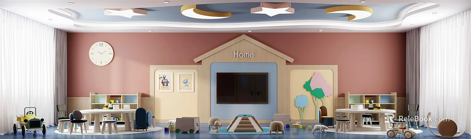 Vibrant Kindergarten Activity Room With Pink Yellow Walls House Shaped Decor Cartoon Paintings And Toys 3d model 