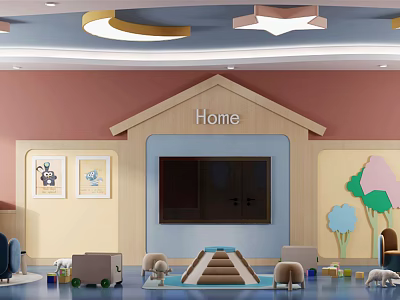 Vibrant Kindergarten Activity Room With Pink Yellow Walls House Shaped Decor Cartoon Paintings And Toys 3d model