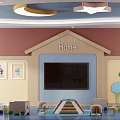 Vibrant Kindergarten Activity Room With Pink Yellow Walls House Shaped Decor Cartoon Paintings And Toys
