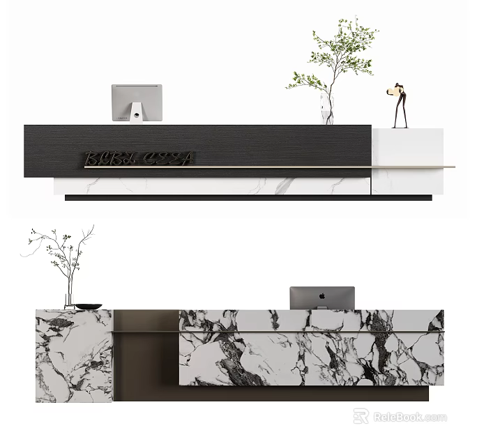 Modern Reception Desk Design With Marble Countertop Laptop Green Plant And Black White Cabinet 3d model 