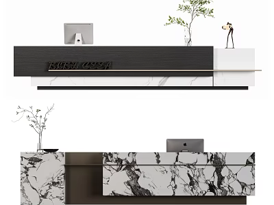 Modern Reception Desk Design With Marble Countertop Laptop Green Plant And Black White Cabinet 3d model