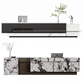 Modern Reception Desk Design With Marble Countertop Laptop Green Plant And Black White Cabinet