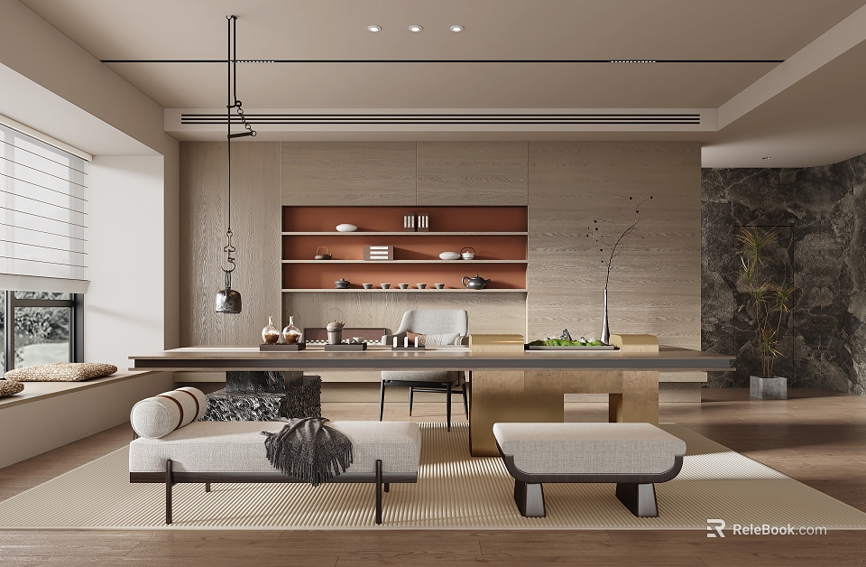 Modern Tea Room Interior Design With Open Wooden Shelves Long Table Upholstered Benches And Plants 3d model 