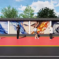 Outdoor Scenic Wall Featuring Colorful Murals Visitors Walking and Green Trees Under Blue Sky