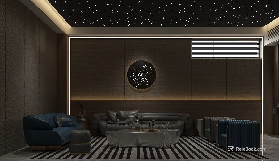 Modern Luxury Home Theater Interior With Starry Ceiling And Sofas 3d model 