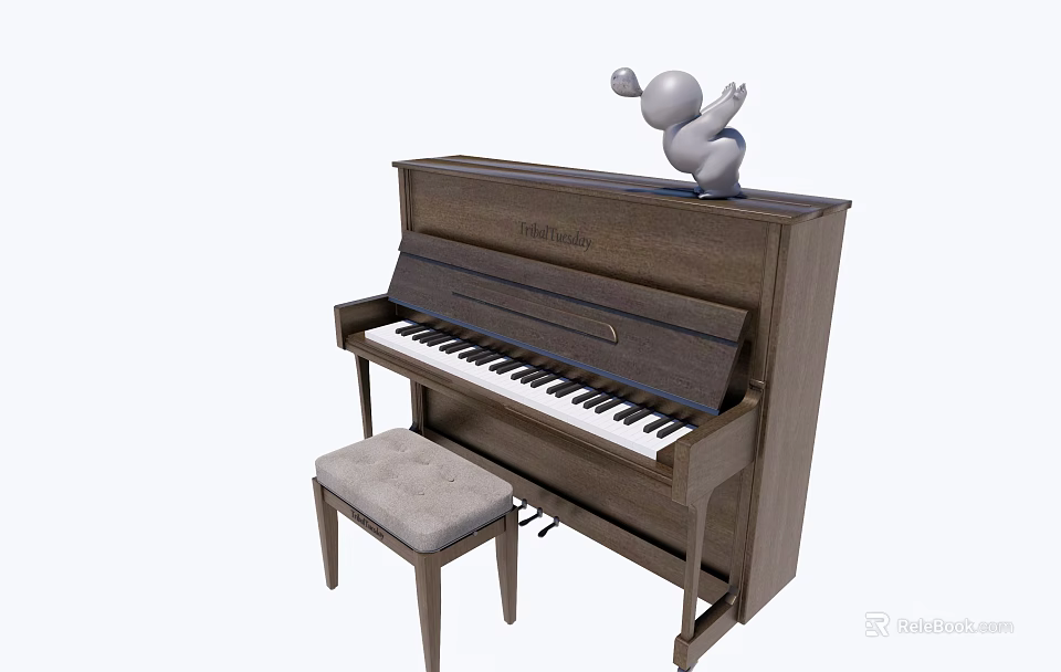 Wooden Musical Instruments And Art Supplies Piano With Upholstered Stool And Sculpture 3d model 