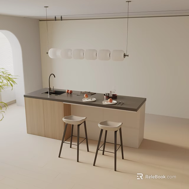 Modern Kitchen Island Dining Set With Black Counter White Bar Stools And Hanging Lights 3d model