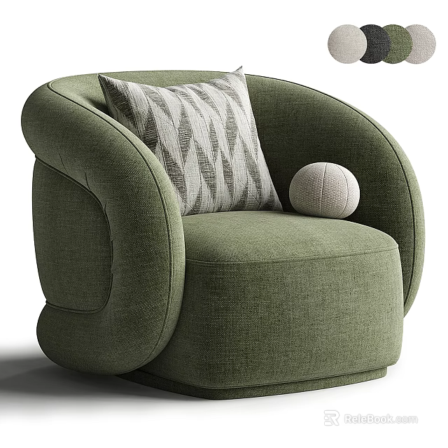 Green Fabric Single Sofa With Modern Curved Design And Patterned Pillow Small Decorative Ball 3d model 