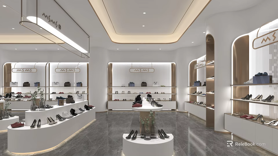 Modern Elegant Shoe Store Interior With Various Shoes Display White Gold Decor Round Center Table 3d model