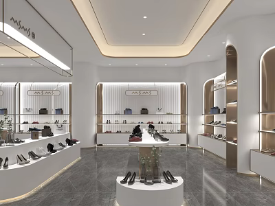 Modern Elegant Shoe Store Interior With Various Shoes Display White Gold Decor Round Center Table 3d model