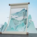 Traditional Chinese Scroll Painting With Landscape Mountains Clouds And Calligraphy