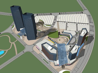 Modern Office Building Complex with Skyscrapers Commercial Area Green Space and Road Network 3d model