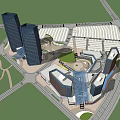 Modern Office Building Complex with Skyscrapers Commercial Area Green Space and Road Network