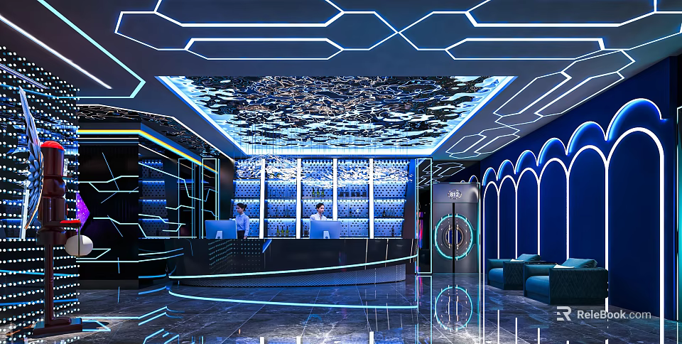 Modern KTV Interior Design Featuring Neon Lighting Bar Counter And Mirror Ceiling 3d model