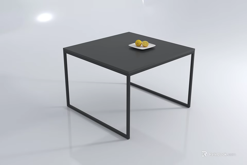 Black Square Coffee Table With White Plate And Yellow Fruits In Minimalist Design 3d model 