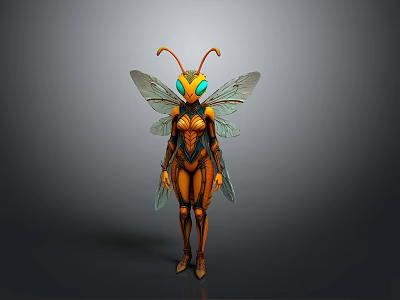 Insect Like Female Character With Orange Black Exoskeleton Costume Green Eyes And Wings 3d model