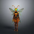Insect Like Female Character With Orange Black Exoskeleton Costume Green Eyes And Wings