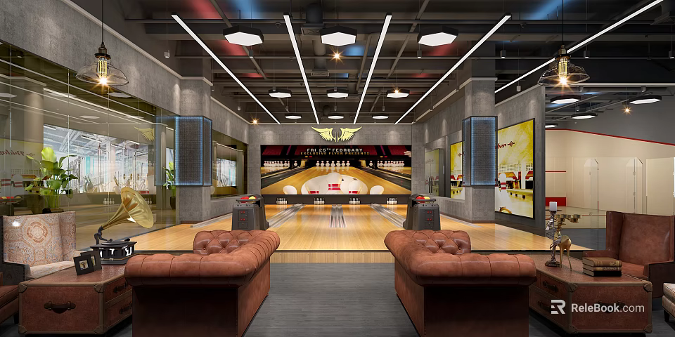 Modern Bowling Alley Interior With Bowling Lanes Leather Sofas And Fitness Setup 3d model 