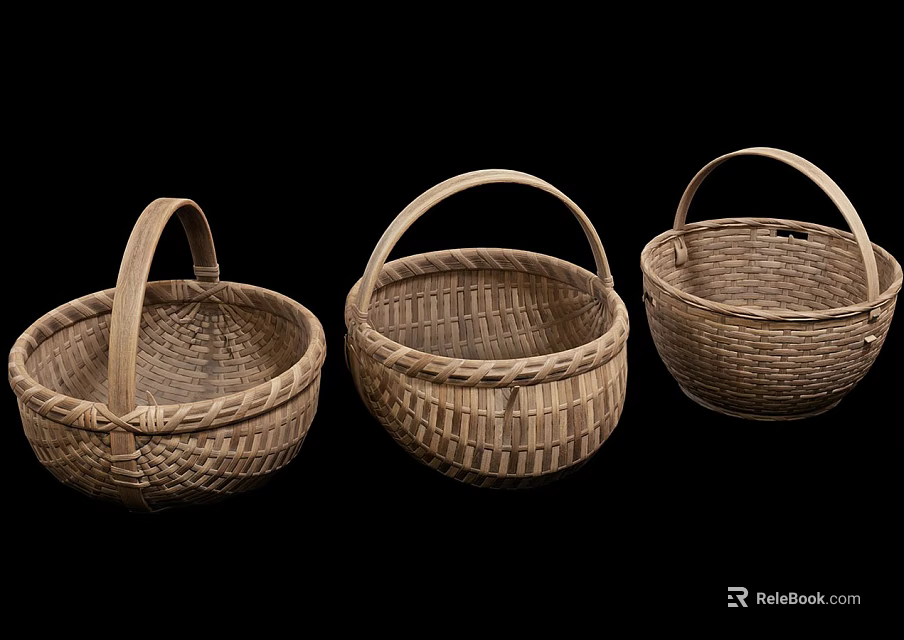 Natural Handmade Woven Baskets with Handles Set of Three Household Items 3d model 