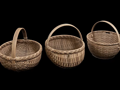 Natural Handmade Woven Baskets with Handles Set of Three Household Items 3d model