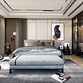 Modern Bedroom Interior Design With Gray Bed Bench Floor To Ceiling Windows And Decorative Painting