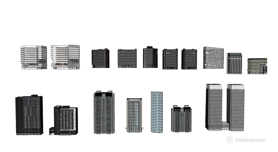 Modern Office Buildings Featuring Diverse Architectural Designs And Exterior Styles 3d model 