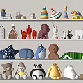 Cute Stuffed Toys Display on White Shelves with Various Animal Shapes and Colors
