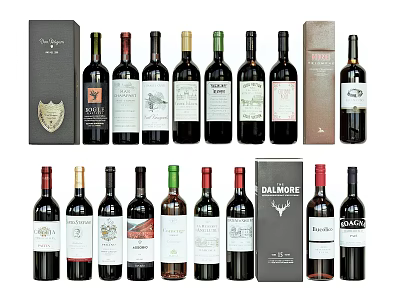 Elegant Wine Bottles and Wine Glasses Collection with Assorted Boxes and Labels 3d model