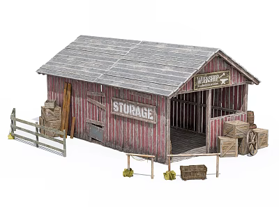 Industrial Warehouse Exterior With Red Walls Gray Roof Storage Sign Wooden Fence And Crates 3d model